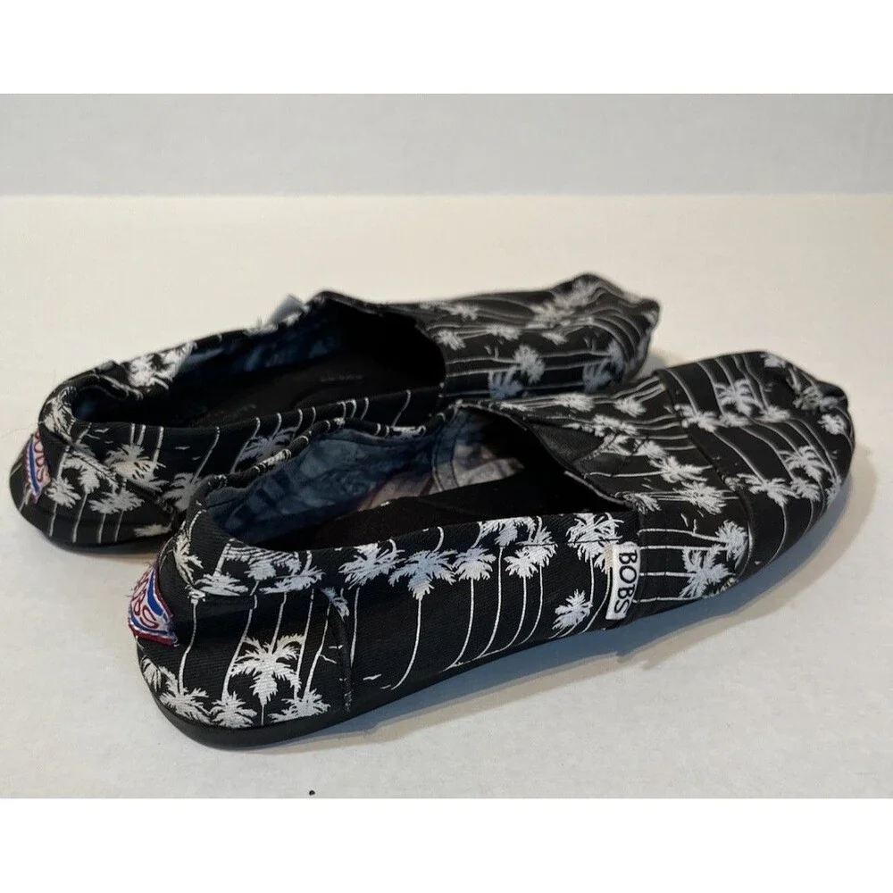 BOBS Skechers Plush Palm Tropics Women’s 8.5 Black White Slip On Beach Vacation